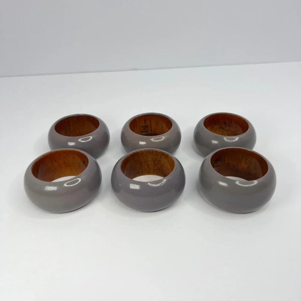 6 Vintage Wood Greige Napkin Rings‎ Made in India Taupe Grey Boho Eclectic Retro